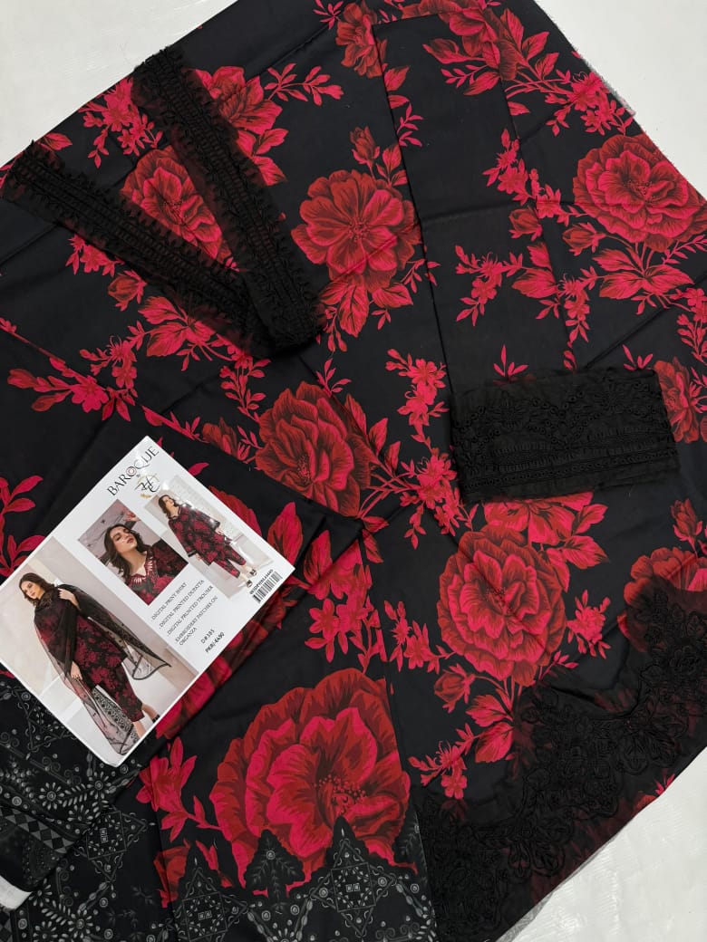Baroque D#385 Black & Red Floral Lawn Suit – 3-Piece Digital Print with Organza Embroidered Dupatta