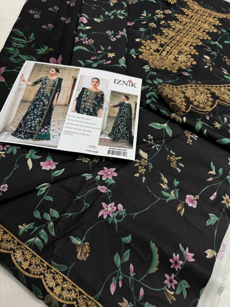 Iznik D#801 Black Floral Embroidered Digital Lawn Suit with Chiffon Dupatta – Luxury Pakistani Unstitched 3-Piece