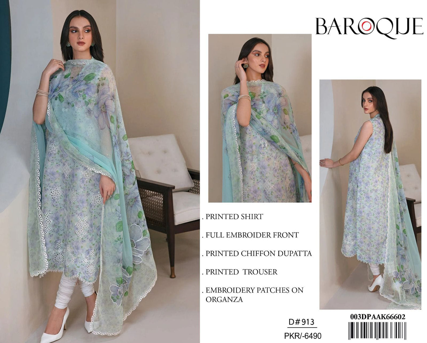 Baroque D#913 Light Blue Floral Embroidered Lawn Suit with Chiffon Dupatta – Unstitched 3-Piece