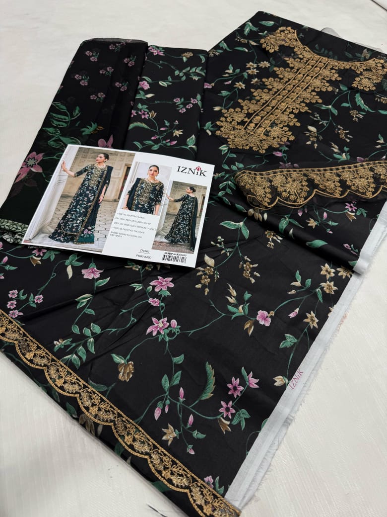 Iznik D#801 Black Floral Embroidered Digital Lawn Suit with Chiffon Dupatta – Luxury Pakistani Unstitched 3-Piece