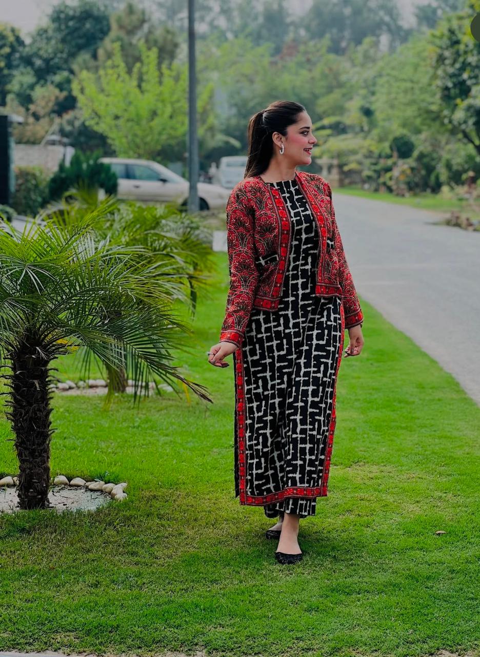 Stylish Women's Black & White Printed Co-Ord Set with Red Embroidered Jacket – Trendy Ethnic Western Fusion Wear