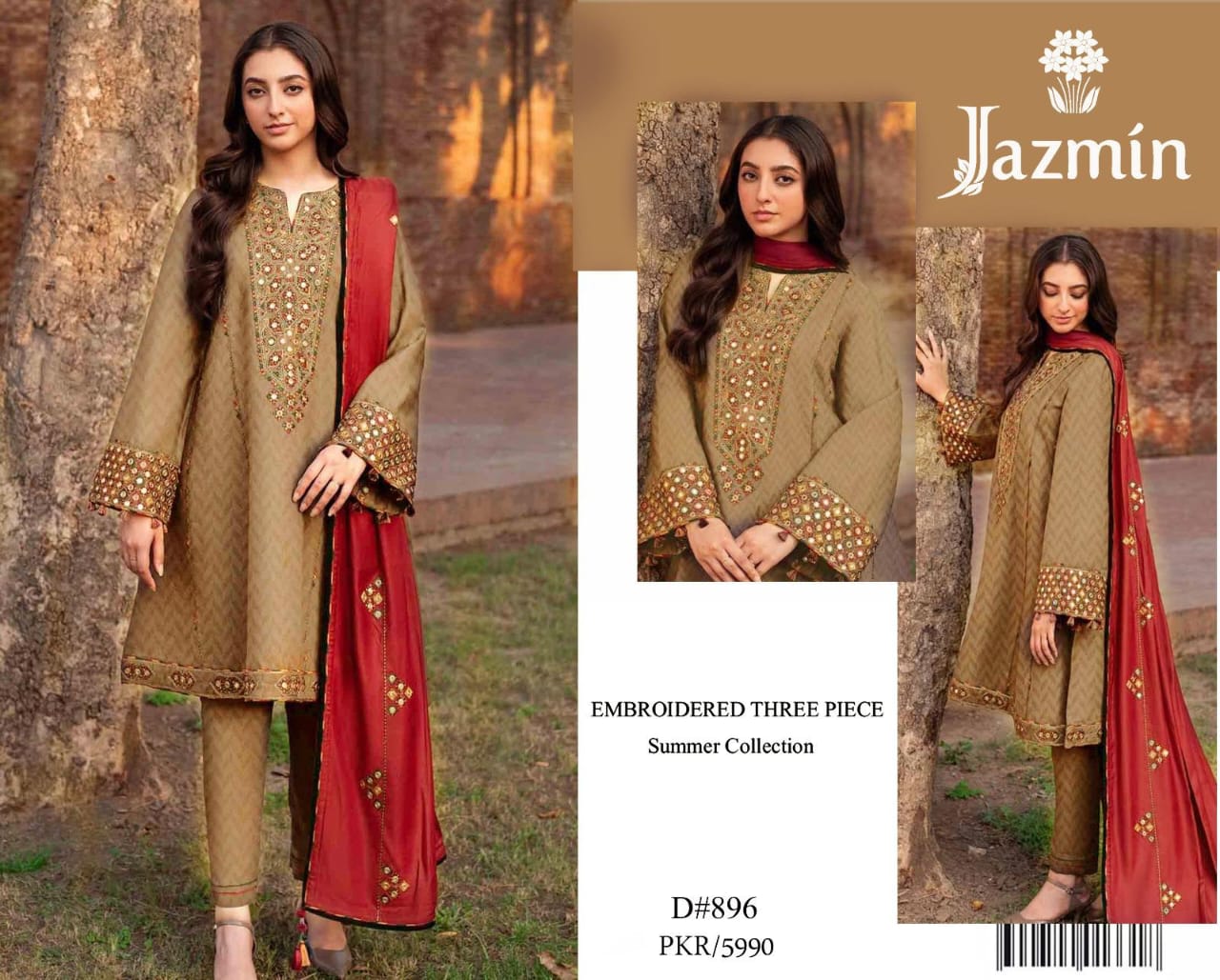 Jazmin Embroidered Three-Piece Summer Suit – Olive Gold with Maroon Dupatta | D#896 For Summer Callection