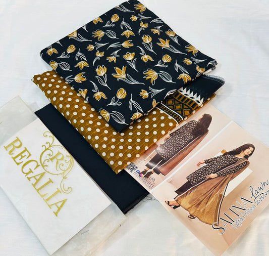 Regalia Salina Lawn 3 Piece Unstitched Suit | Digital Printed Lawn Shirt, Dyed Trouser & Printed Dupatta –