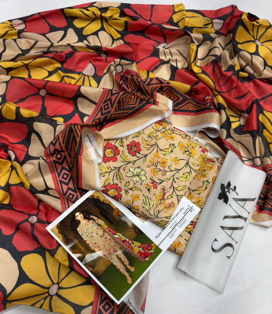 Saya Digital Printed Unstitched Lawn Suit – 3 Piece Summer Collection with Floral & Bold Dupatta Design
