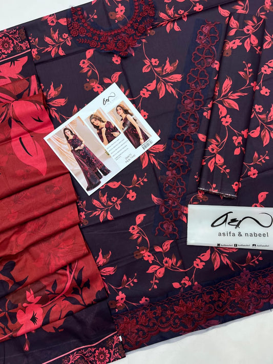 Asifa & Nabeel Digital Printed Lawn Suit D#673 – Maroon & Black 3-Piece with Embroidered Organza Patches