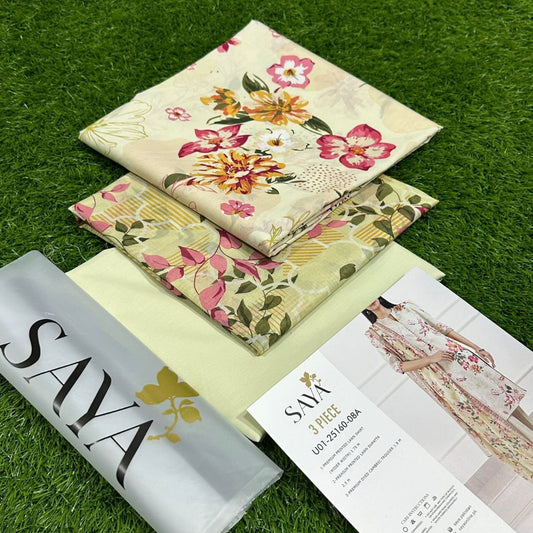 Saya 3-Piece Digital Printed Lawn Suit – Light Beige Base with Vibrant Floral Print for Summer Elegance