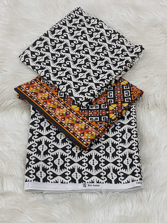 Elegant Black & White Geometric Printed Suit for Women – Ethnic 3-Piece Pakistani Style  Dupatta