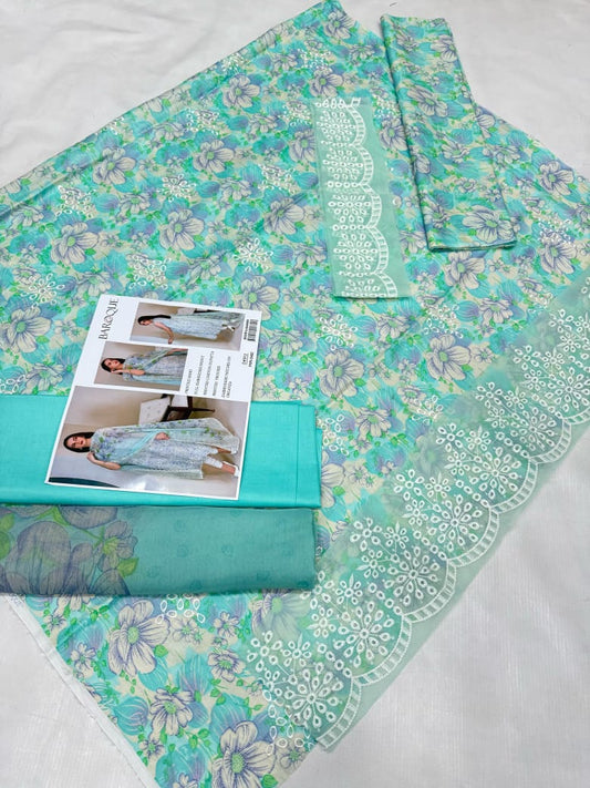 Baroque D#913 Light Blue Floral Embroidered Lawn Suit with Chiffon Dupatta – Unstitched 3-Piece