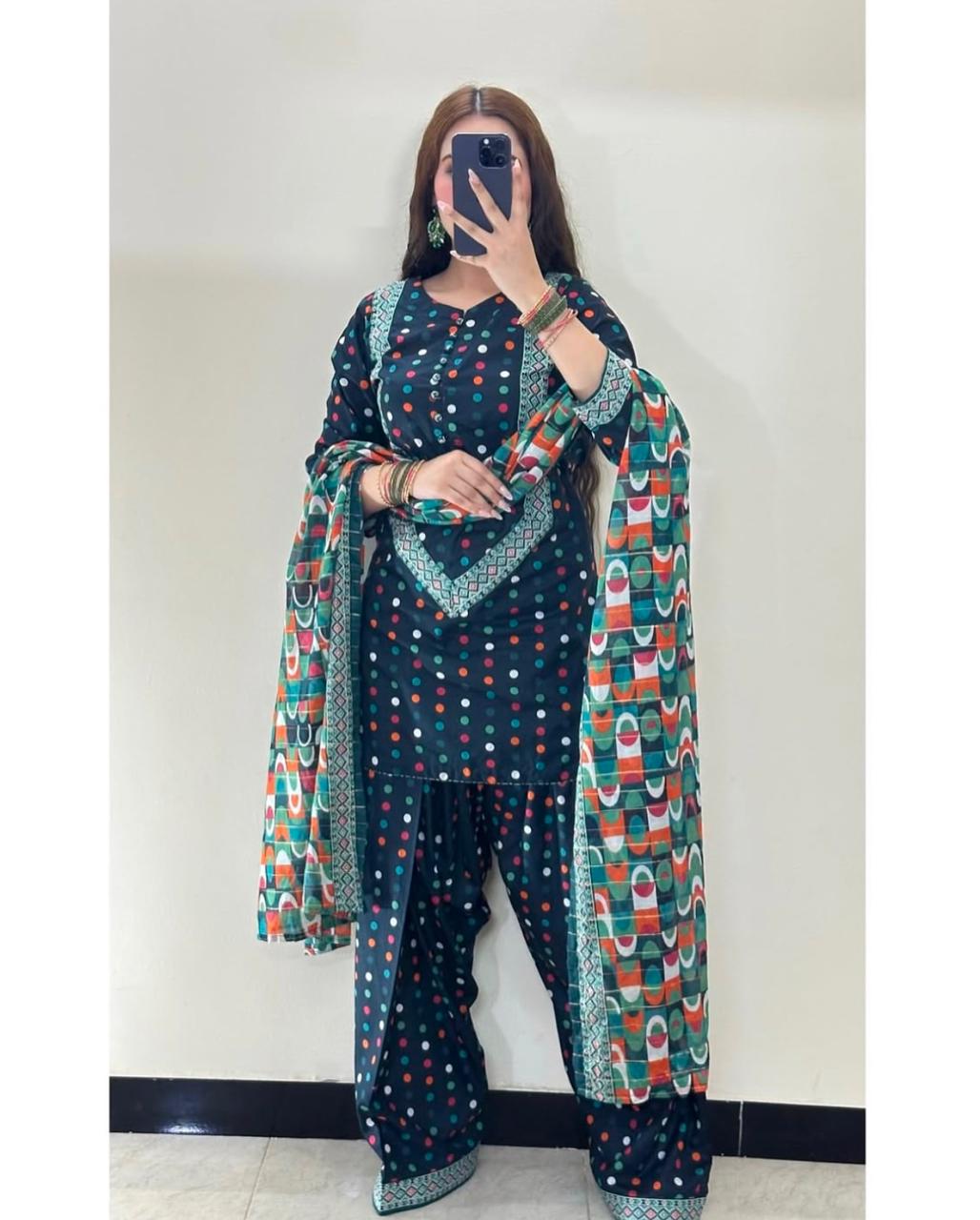 Trendy Black Punjabi Patiala Suit for Women – Multicolor Polka Dot Printed Salwar Kameez with Dupatta