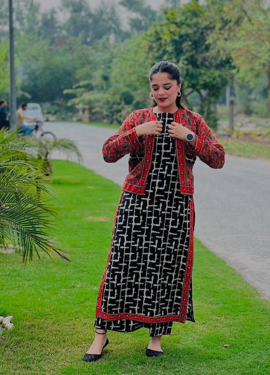 Stylish Women's Black & White Printed Co-Ord Set with Red Embroidered Jacket – Trendy Ethnic Western Fusion Wear