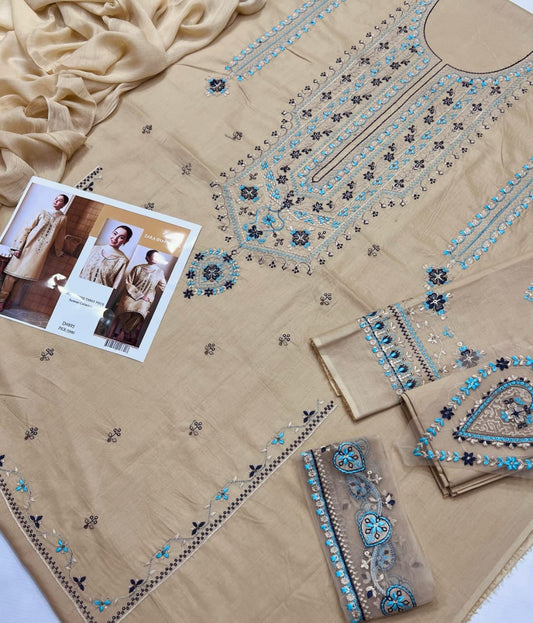 Zara Shahjahan Embroidered Three-Piece Summer Suit – Light Beige & Mint Green | D#895