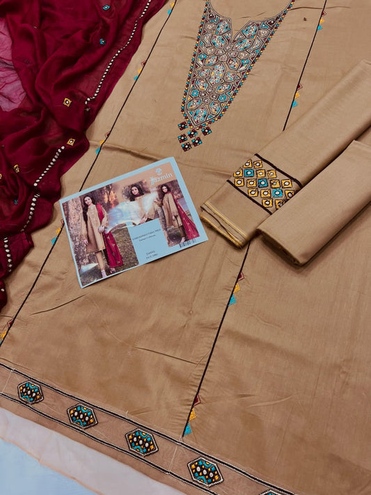 Jazmin Embroidered Three-Piece Summer Suit – Olive Gold with Maroon Dupatta | D#896 For Summer Callection