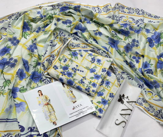 Saya Digital Printed Unstitched Lawn Suit – 3 Piece Summer Collection with Floral & Bold Dupatta Design