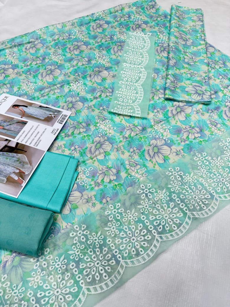 Baroque D#913 Light Blue Floral Embroidered Lawn Suit with Chiffon Dupatta – Unstitched 3-Piece