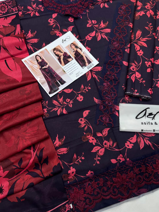 Asifa & Nabeel Digital Printed Lawn Suit D#673 – Maroon & Black 3-Piece with Embroidered Organza Patches