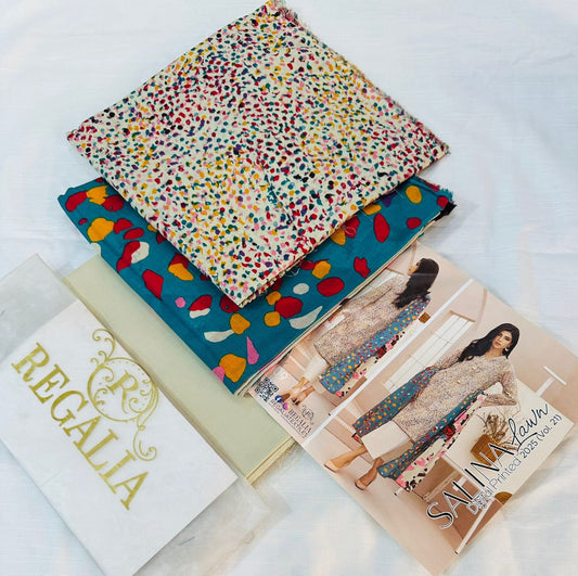 Regalia Salina Lawn 3 Piece Unstitched Suit | Digital Printed Lawn Shirt, Dyed Trouser & Printed Dupatta –