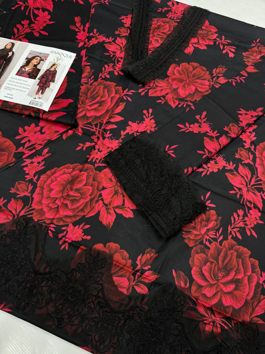 Baroque D#385 Black & Red Floral Lawn Suit – 3-Piece Digital Print with Organza Embroidered Dupatta