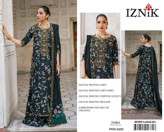 Iznik D#801 Black Floral Embroidered Digital Lawn Suit with Chiffon Dupatta – Luxury Pakistani Unstitched 3-Piece