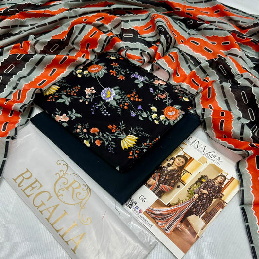Regalia Textiles Lina Lawn 2025 – Black Floral Unstitched 3-Piece Lawn Suit with Multicolor Striped Dupatta