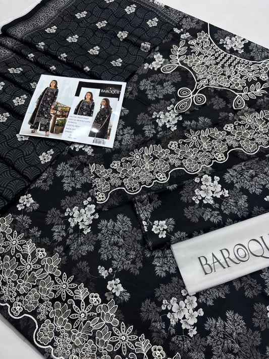 Baroque D#674 Black Floral Lawn Suit – 3-Piece Digital Printed with Embroidered Neck & Daman Patches