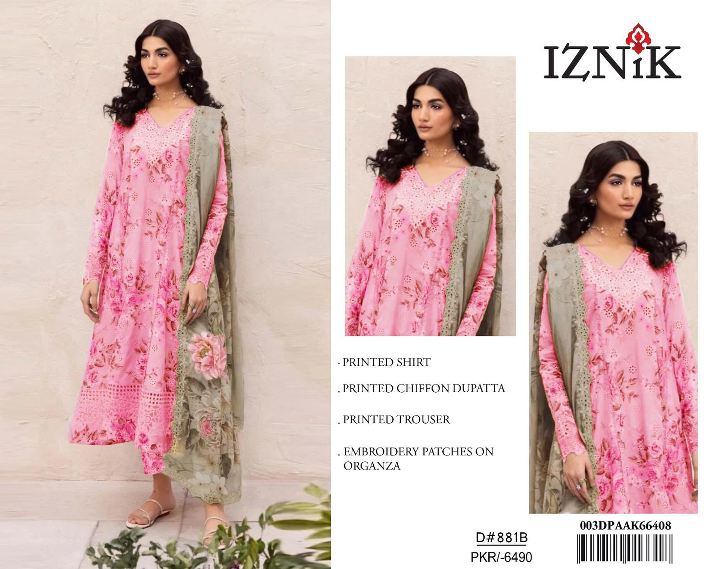 Luxury Pakistani Pink Floral Embroidered Lawn Suit with Chiffon Dupatta - Iznik D#881B Summer Collection 2025