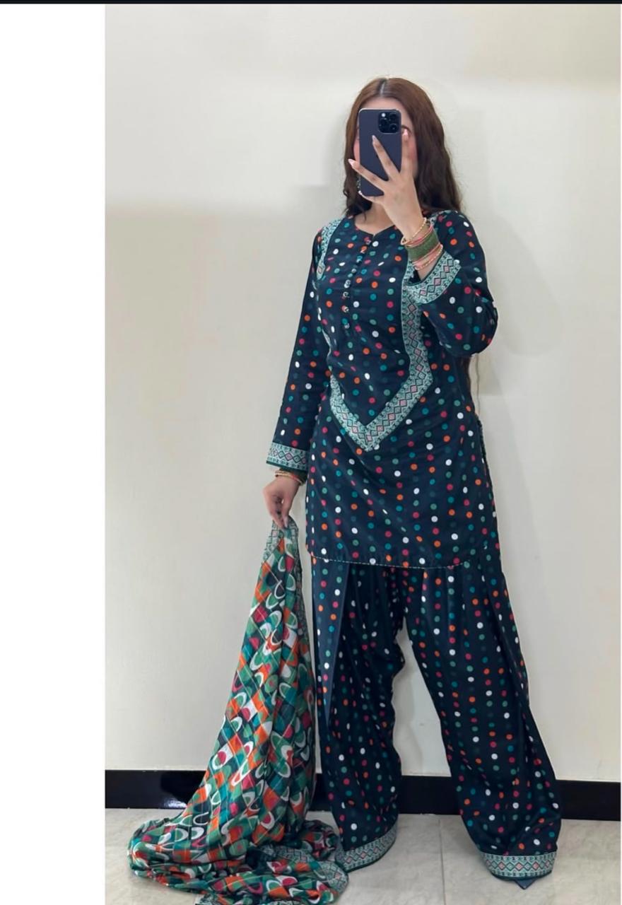 Trendy Black Punjabi Patiala Suit for Women – Multicolor Polka Dot Printed Salwar Kameez with Dupatta