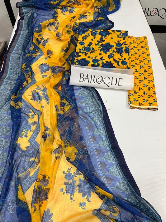Baroque Unstitched Lawn Suit – Yellow & Blue Floral 3-Piece  Unstitched   for Summer Collection 2025