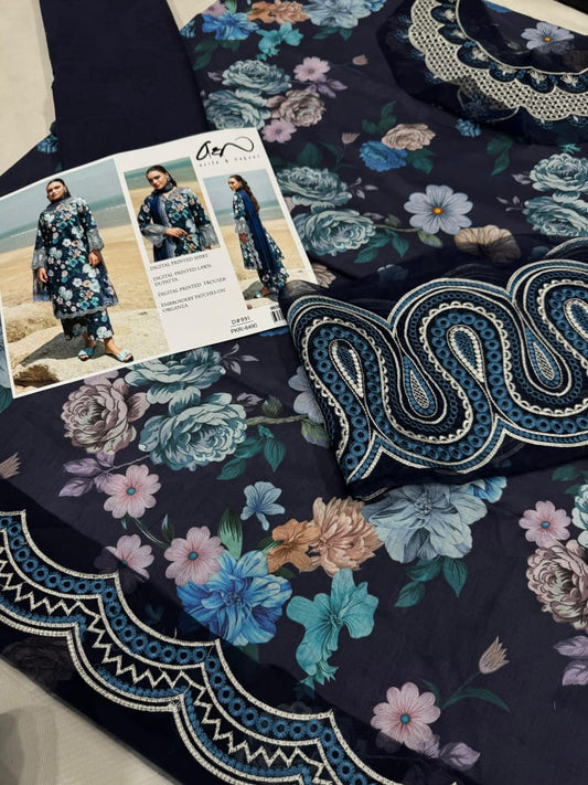 Asifa & Nabeel Floral Navy Blue Digital Printed Lawn 3 Piece Unstitched Suit – Embroidered Organza Patches