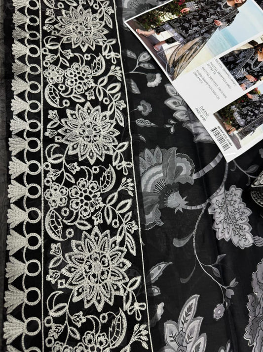 Iznik Digital Printed Black Lawn 3 Piece Unstitched Suit – Elegant Embroidered Organza with Dupatta