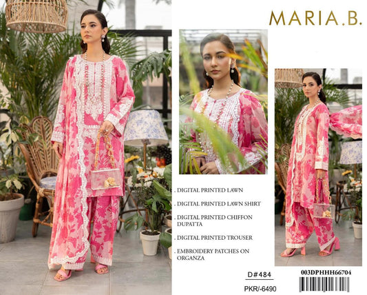 Maria B D#484 Pink Digital Printed Lawn Suit with Embroidered Organza Patches & Chiffon Dupatta