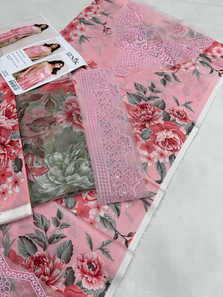 Luxury Pakistani Pink Floral Embroidered Lawn Suit with Chiffon Dupatta - Iznik D#881B Summer Collection 2025