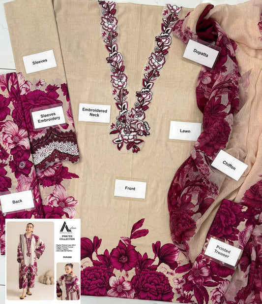 Adan's Libas Printed Lawn 3-Piece Suit – Beige & Maroon Floral Design with Chiffon Dupatta For Summer Callection