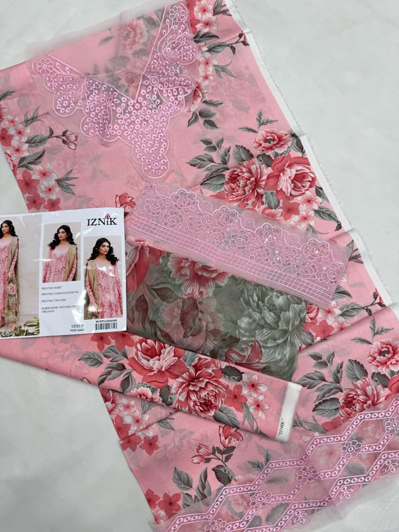 Luxury Pakistani Pink Floral Embroidered Lawn Suit with Chiffon Dupatta - Iznik D#881B Summer Collection 2025
