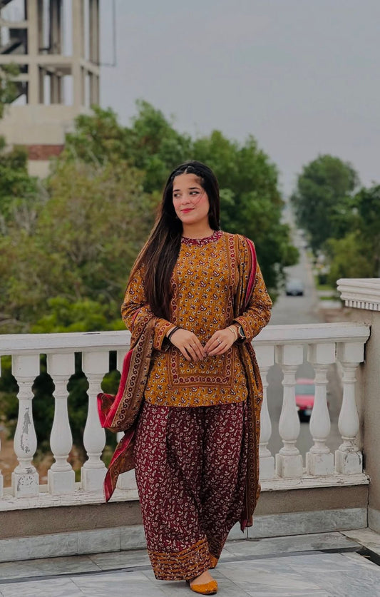 Bin Saeed Unstitched 3-Piece Lawn Suit – Maroon & Mustard Floral Print with Traditional Borders