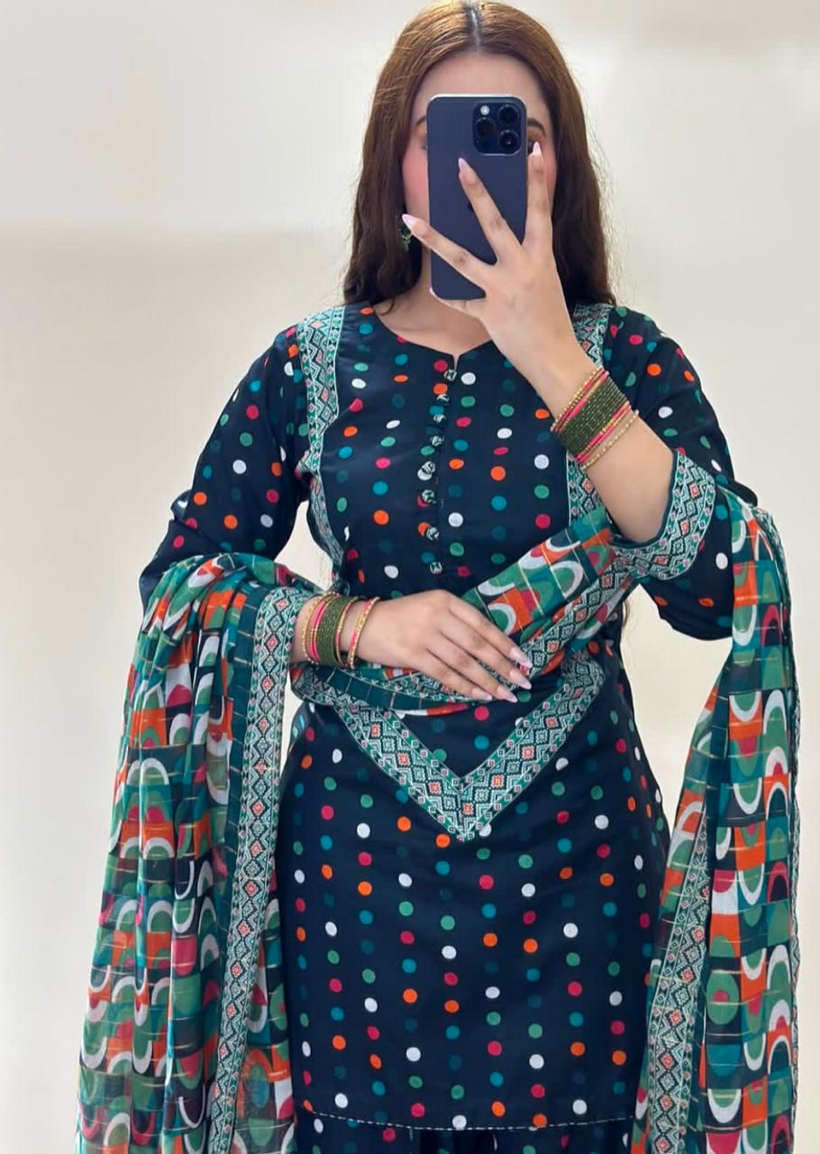 Trendy Black Punjabi Patiala Suit for Women – Multicolor Polka Dot Printed Salwar Kameez with Dupatta
