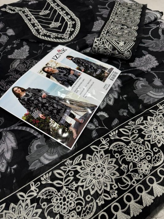 Iznik Digital Printed Black Lawn 3 Piece Unstitched Suit – Elegant Embroidered Organza with Dupatta