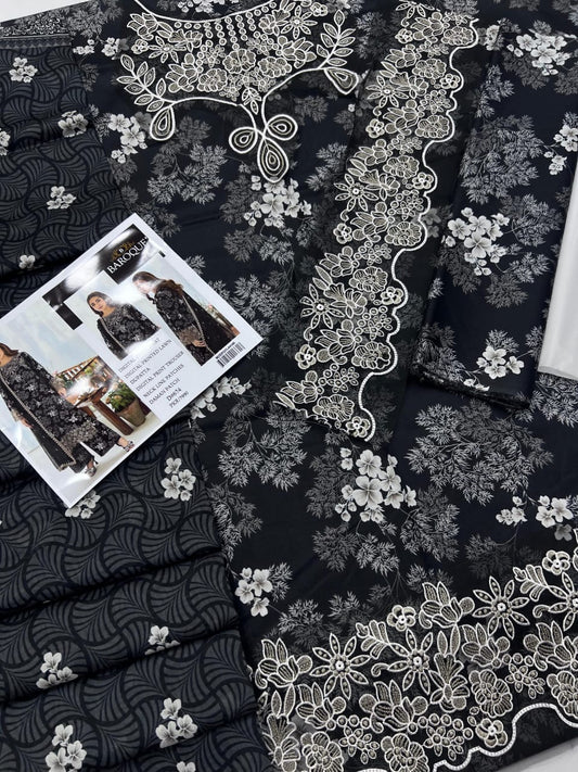 Baroque D#674 Black Floral Lawn Suit – 3-Piece Digital Printed with Embroidered Neck & Daman Patches