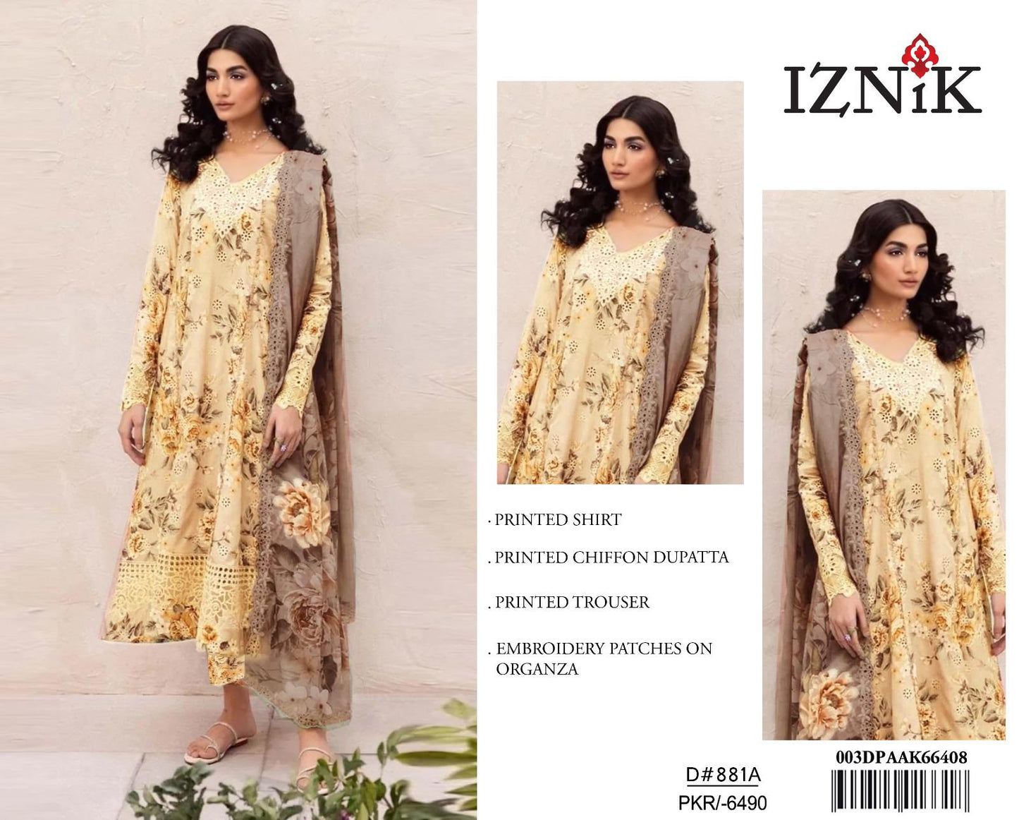 Luxury Pakistani Pink Floral Embroidered Lawn Suit with Chiffon Dupatta - Iznik D#881B Summer Collection 2025