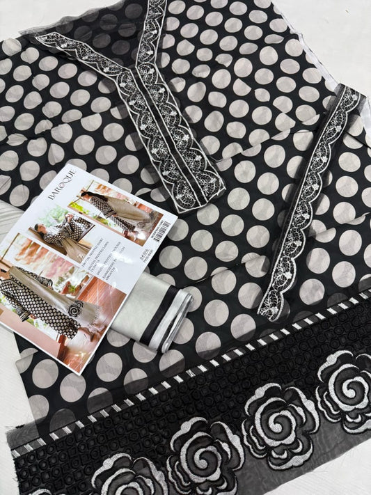 Baroque D#1016 Polka Dot Lawn Suit – Black & Beige 3-Piece Printed Outfit with Organza Embroidery