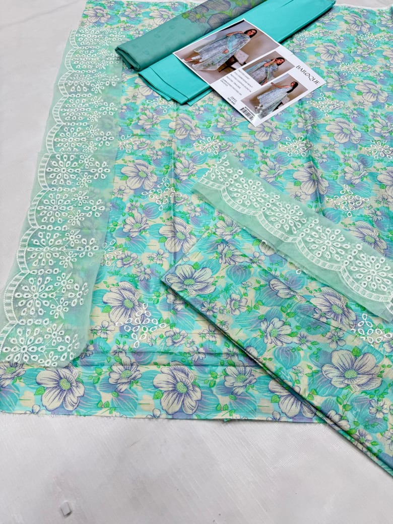 Baroque D#913 Light Blue Floral Embroidered Lawn Suit with Chiffon Dupatta – Unstitched 3-Piece