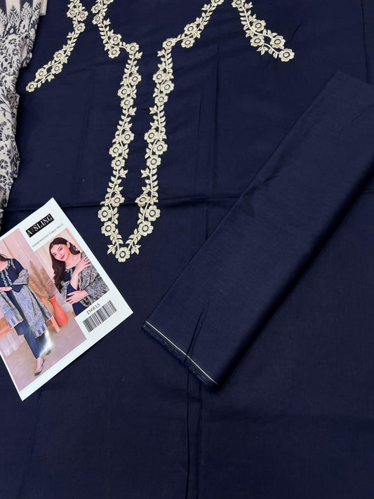 A-SLING Navy Blue & Beige Embroidered 3 Piece Unstitched Lawn Suit | D#815 | Summer Collection 2025