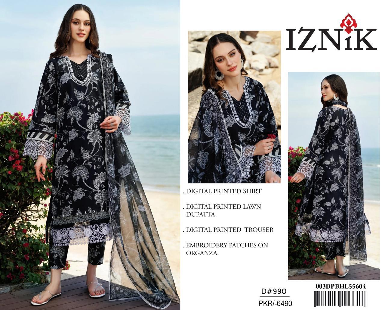 Asifa & Nabeel Floral Navy Blue Digital Printed Lawn 3 Piece Unstitched Suit – Embroidered Organza Patches