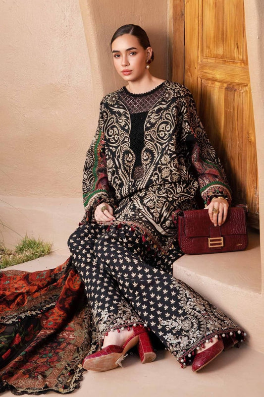 Luxury Black Embroidered 3-Piece Unstitched Winter Festive Suit with Shawl – Premium Formal Wear for Women