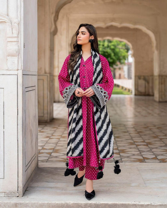 Magenta Polka Dot 3-Piece Unstitched Lawn Suit for Women – Black & White Ikat Dupatta with Embroidered Sleeves