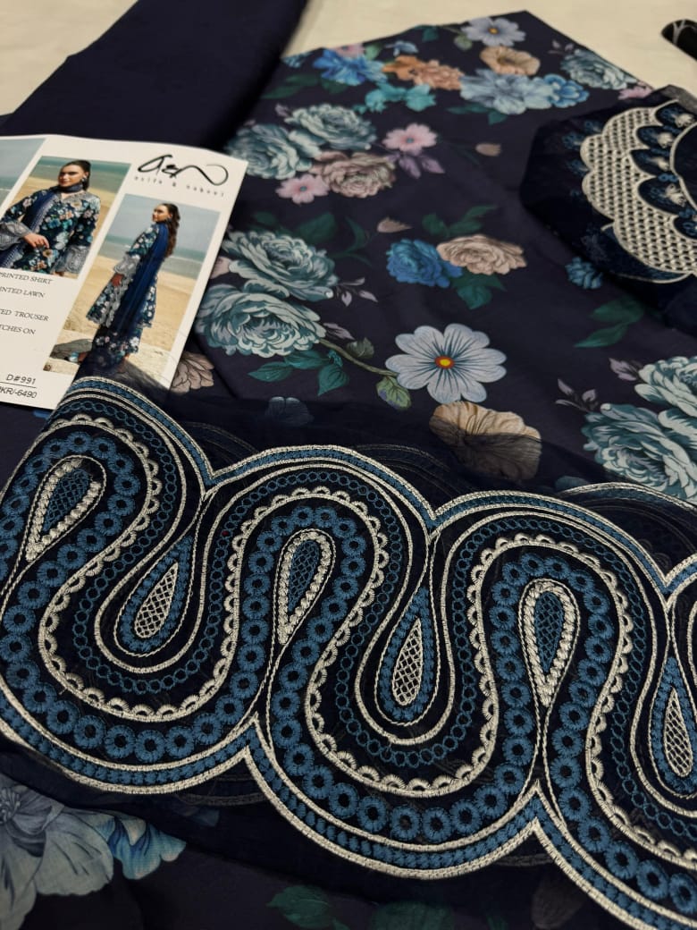 Asifa & Nabeel Floral Navy Blue Digital Printed Lawn 3 Piece Unstitched Suit – Embroidered Organza Patches