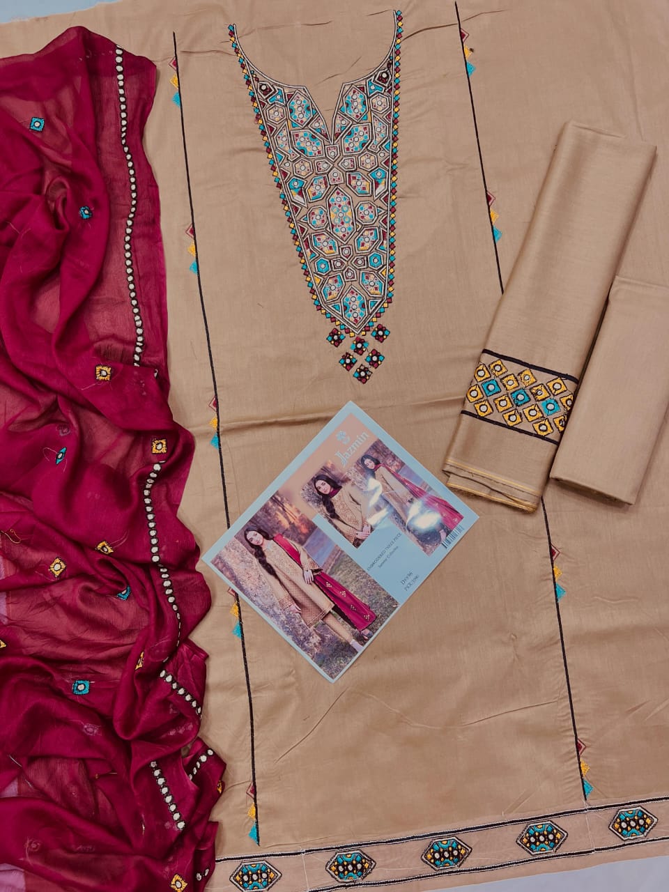 Jazmin Embroidered Three-Piece Summer Suit – Olive Gold with Maroon Dupatta | D#896 For Summer Callection