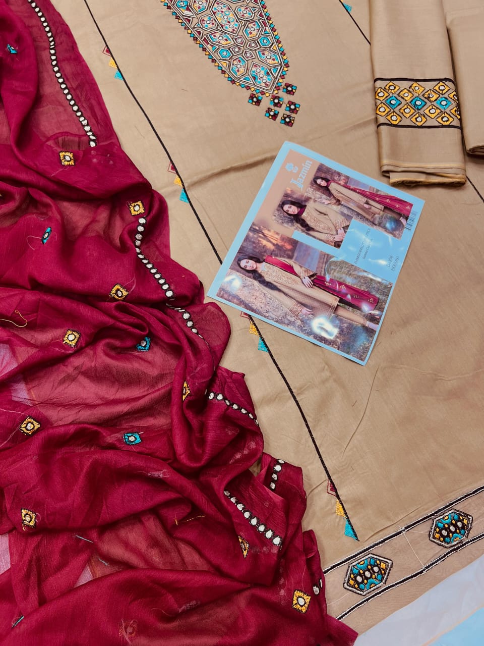 Jazmin Embroidered Three-Piece Summer Suit – Olive Gold with Maroon Dupatta | D#896 For Summer Callection